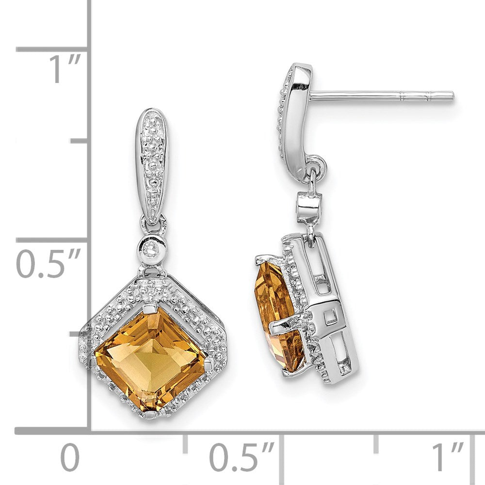 Sterling Silver Rhodium-plated Dia & Whiskey Quartz Post Dangle Earrings