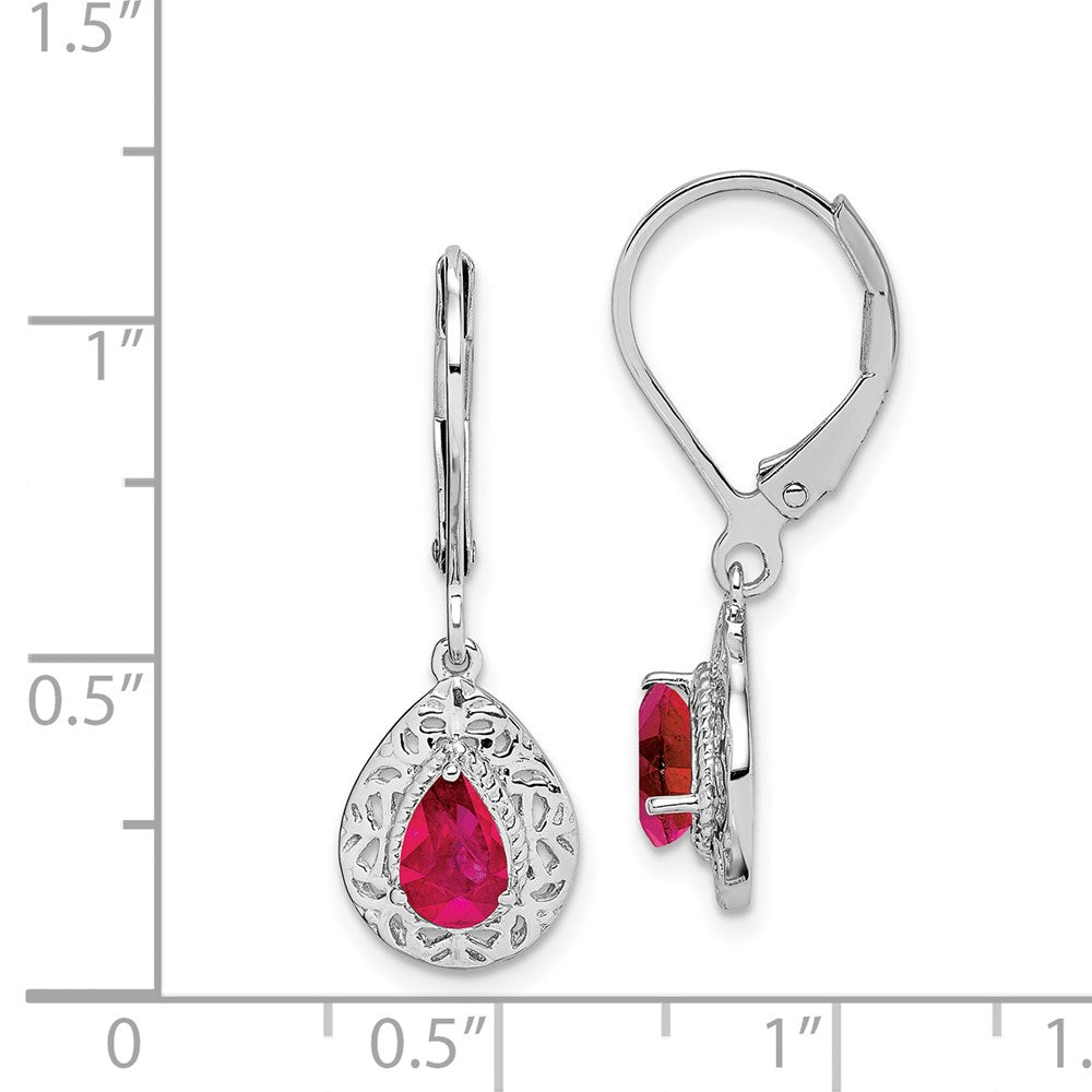 Sterling Silver Rhodium Ruby Teardrop Lever Back Earrings