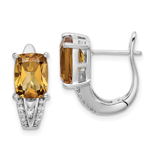 Sterling Silver Rhodium-plated Diamond & Whiskey Quartz Hinged Earrings