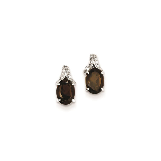 Sterling Silver Diamond & Smoky Quartz Oval Post Earrings