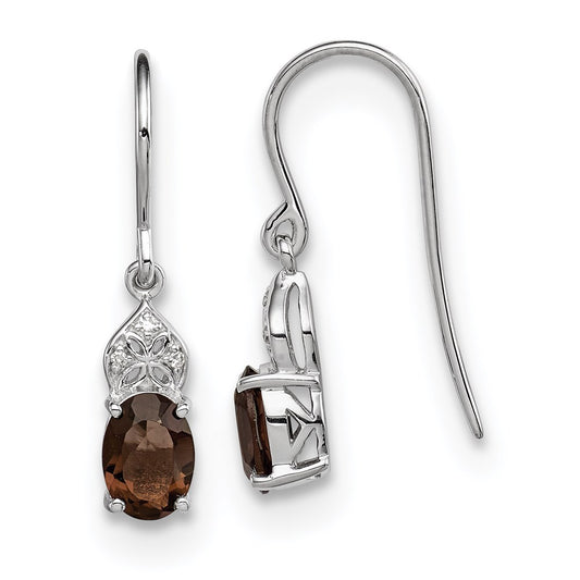 Sterling Silver Rhodium-plated Diamond & Smoky Quartz Oval Earrings