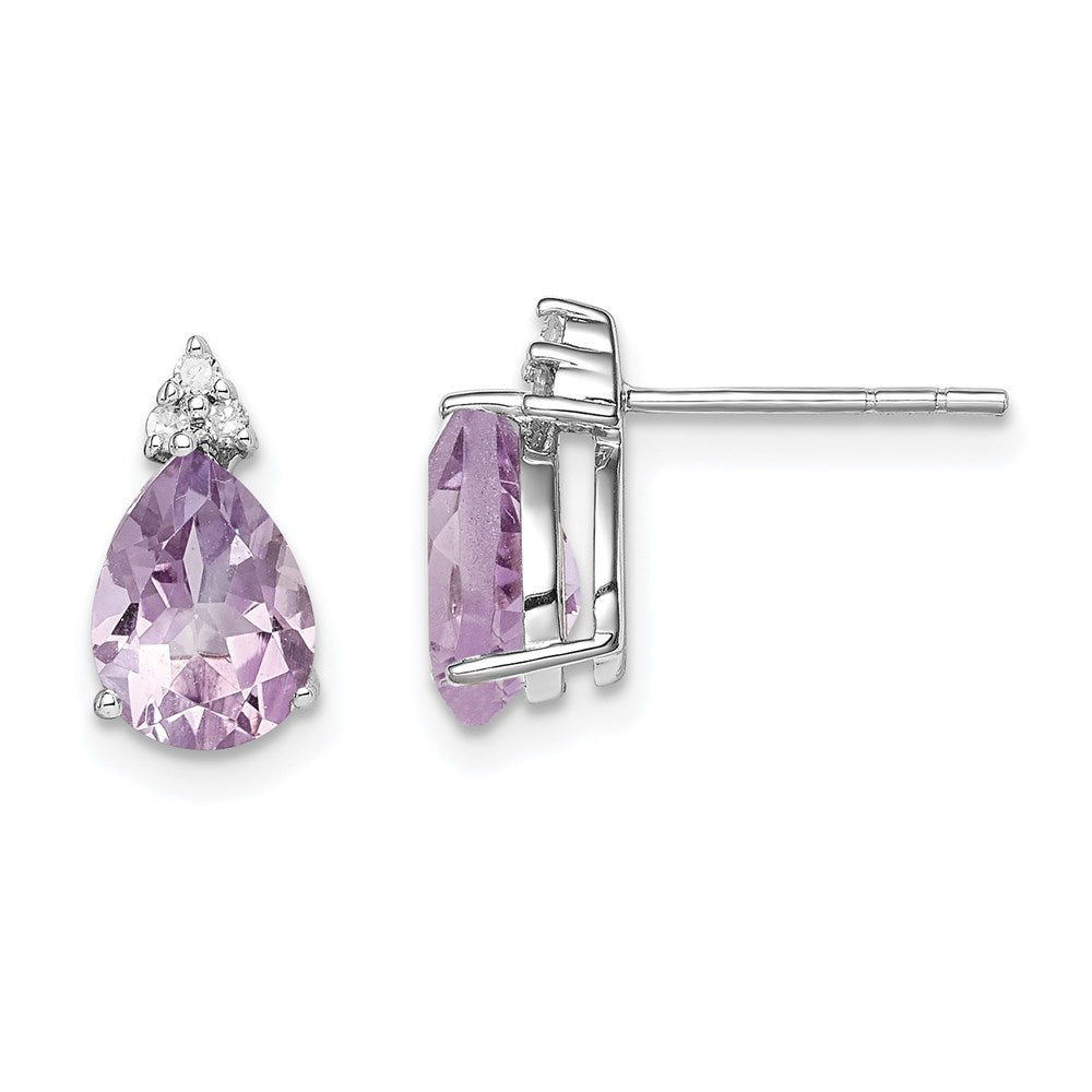 Sterling Silver Rhodium Diamond & Pink Quartz Teardrop Post Earrings