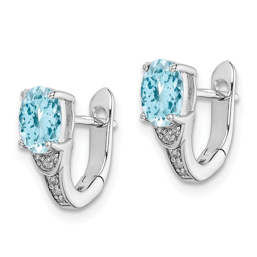 Sterling Silver Rhodium Diamond & Light Swiss Blue Topaz Hinged Earrings