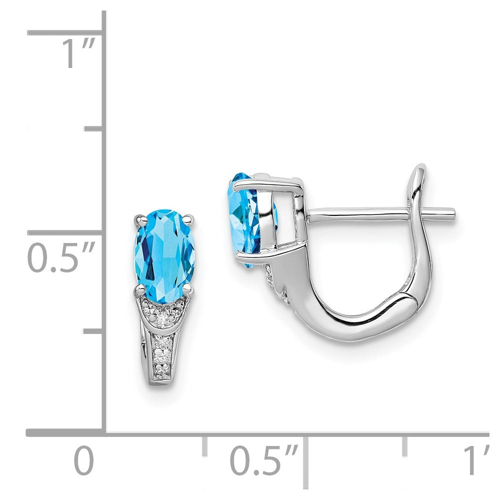 Sterling Silver Rhodium Diamond & Light Swiss Blue Topaz Hinged Earrings