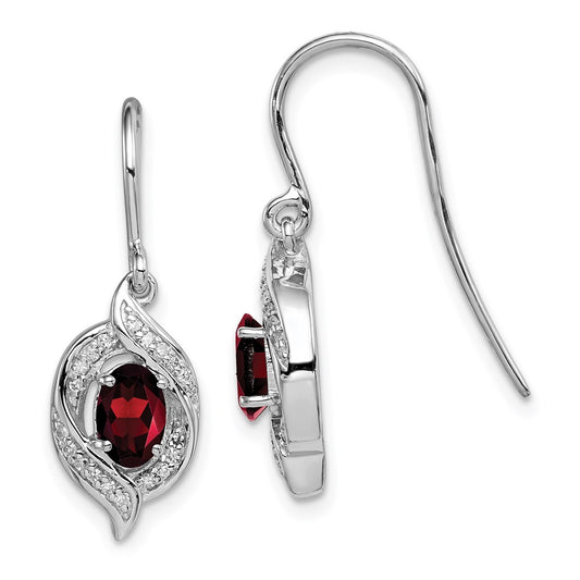 Sterling Silver Rhodium-plated Diamond & Garnet Shepherd Hook Earrings