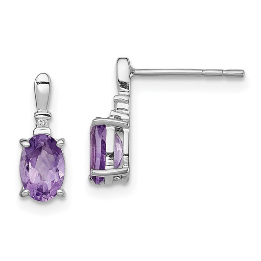 Sterling Silver Rhodium Plated Dia. & Amethyst Oval Post Earrings