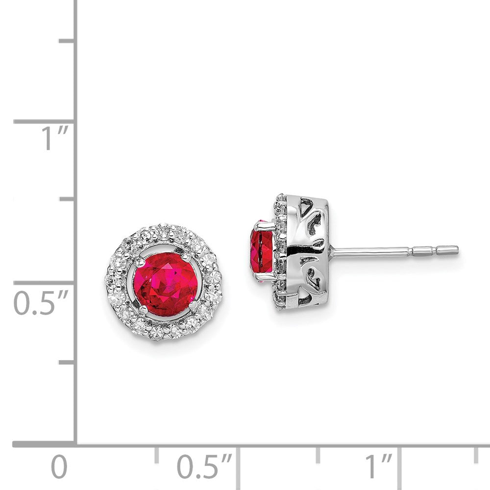 Sterling Silver Rhodium Diamond & Glass Filled Ruby Circle Post Earrings