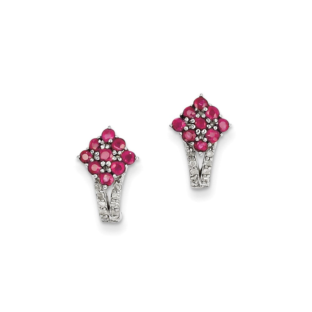 Sterling Silver Diamond & Glass Filled Ruby Square Post Earrings