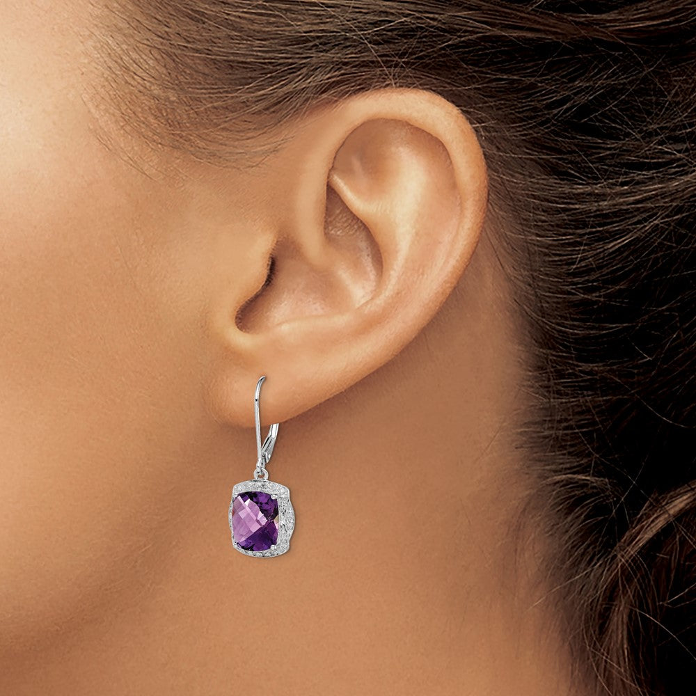 Sterling Silver Rhodium-plated Diamond and Amethyst Earrings