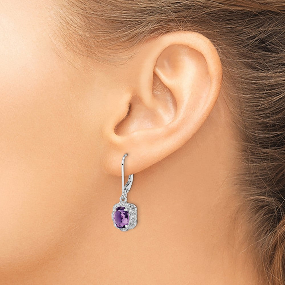 Sterling Silver Rhodium-plated Diamond and Amethyst Earrings