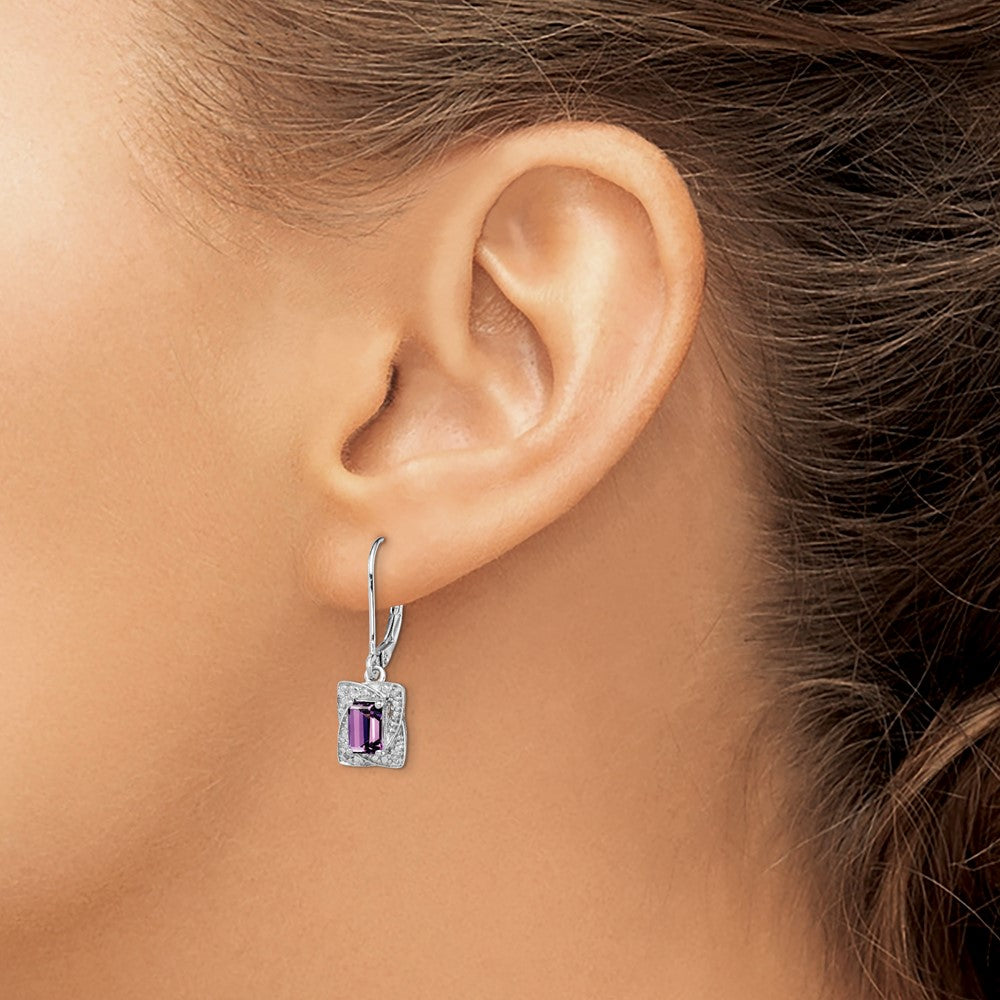 Sterling Silver Rhodium-plated Diamond and Amethyst Earrings