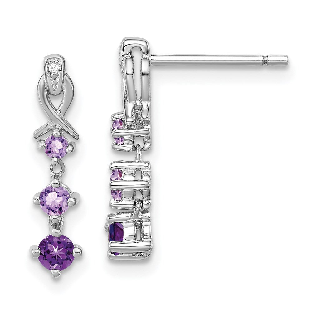 Sterling Silver Rhodium-plated Pink Quartz & Amethyst Diamond Earrings