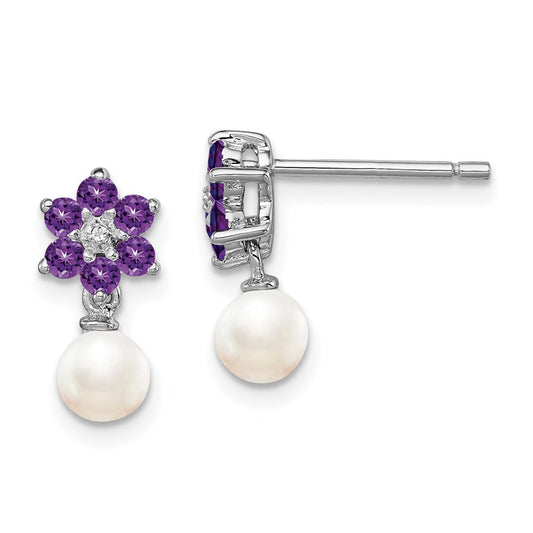 Sterling Silver Rhodium FW Cultured Pearl Amethyst Diamond Earrings