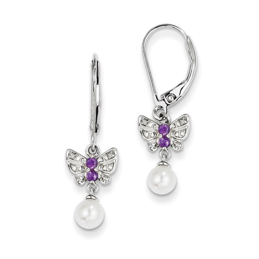 Sterling Silver FW Cultured Pearl Amethyst Diamond Earrings