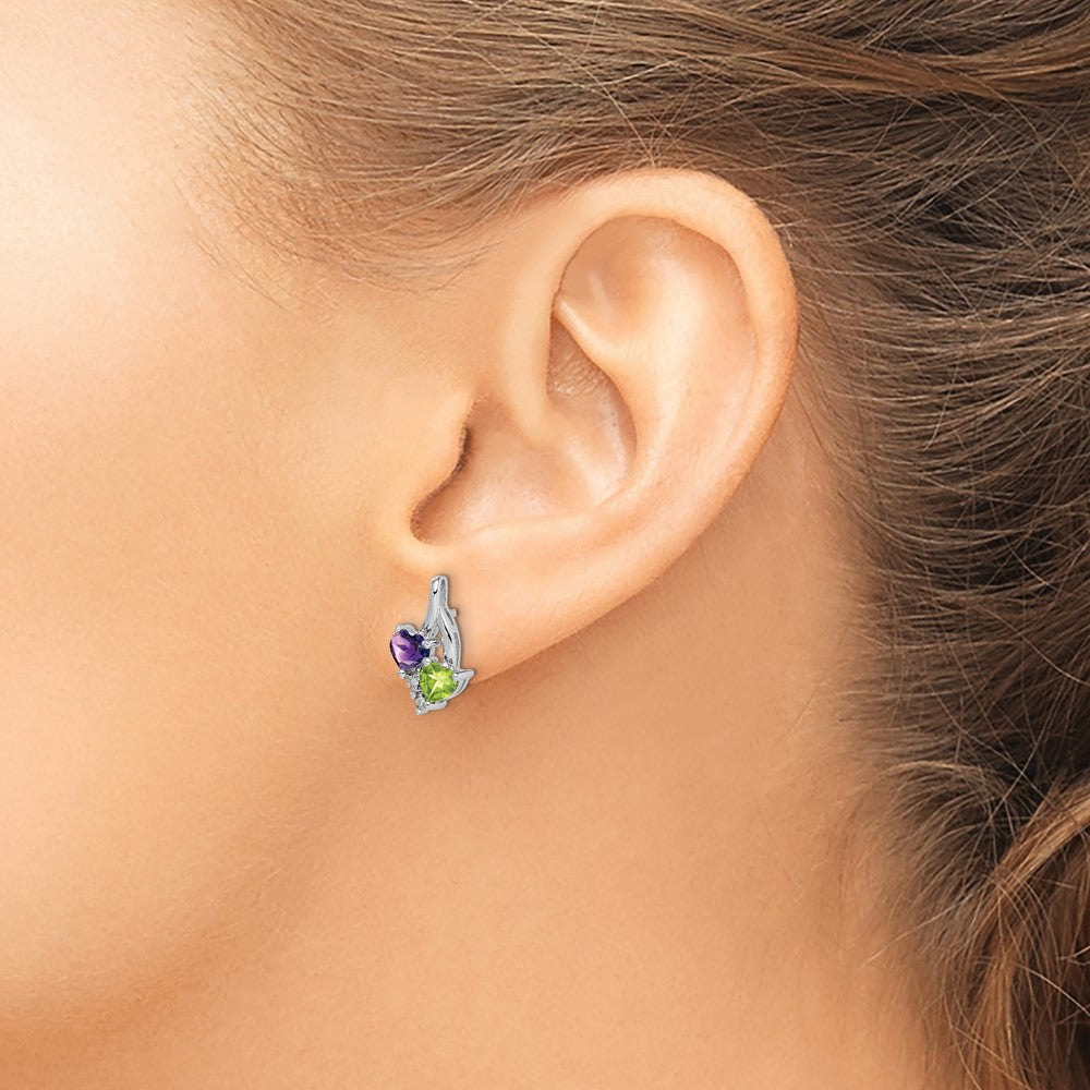 Sterling Silver Rhodium-plated Amethyst Peridot Diamond Earrings