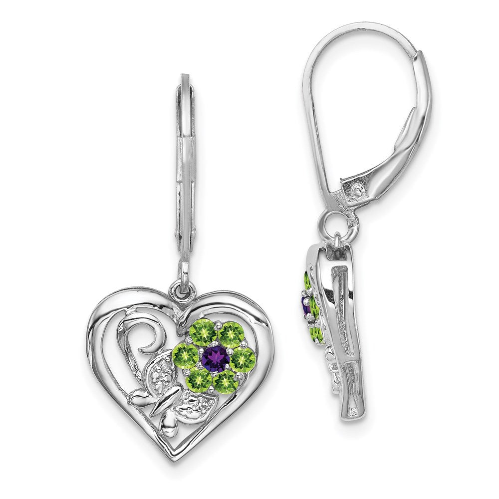 Sterling Silver Rhodium-plated Amethyst Peridot Diamond Earrings