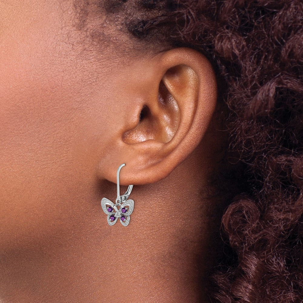 Sterling Silver Rhodium-plated Amethyst and Diamond Butterfly Earrings