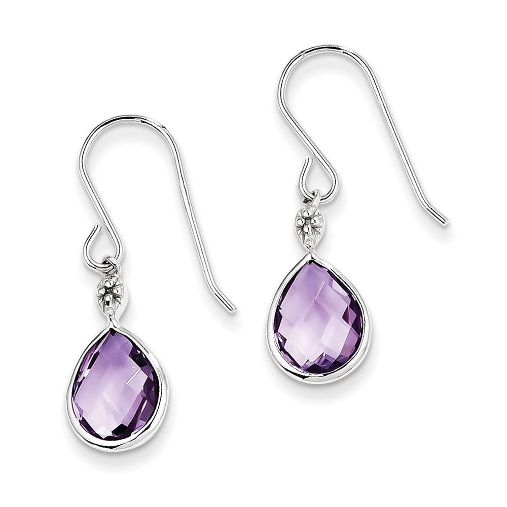 Sterling Silver Rhodium Plated Diamond and Amethyst Earrings