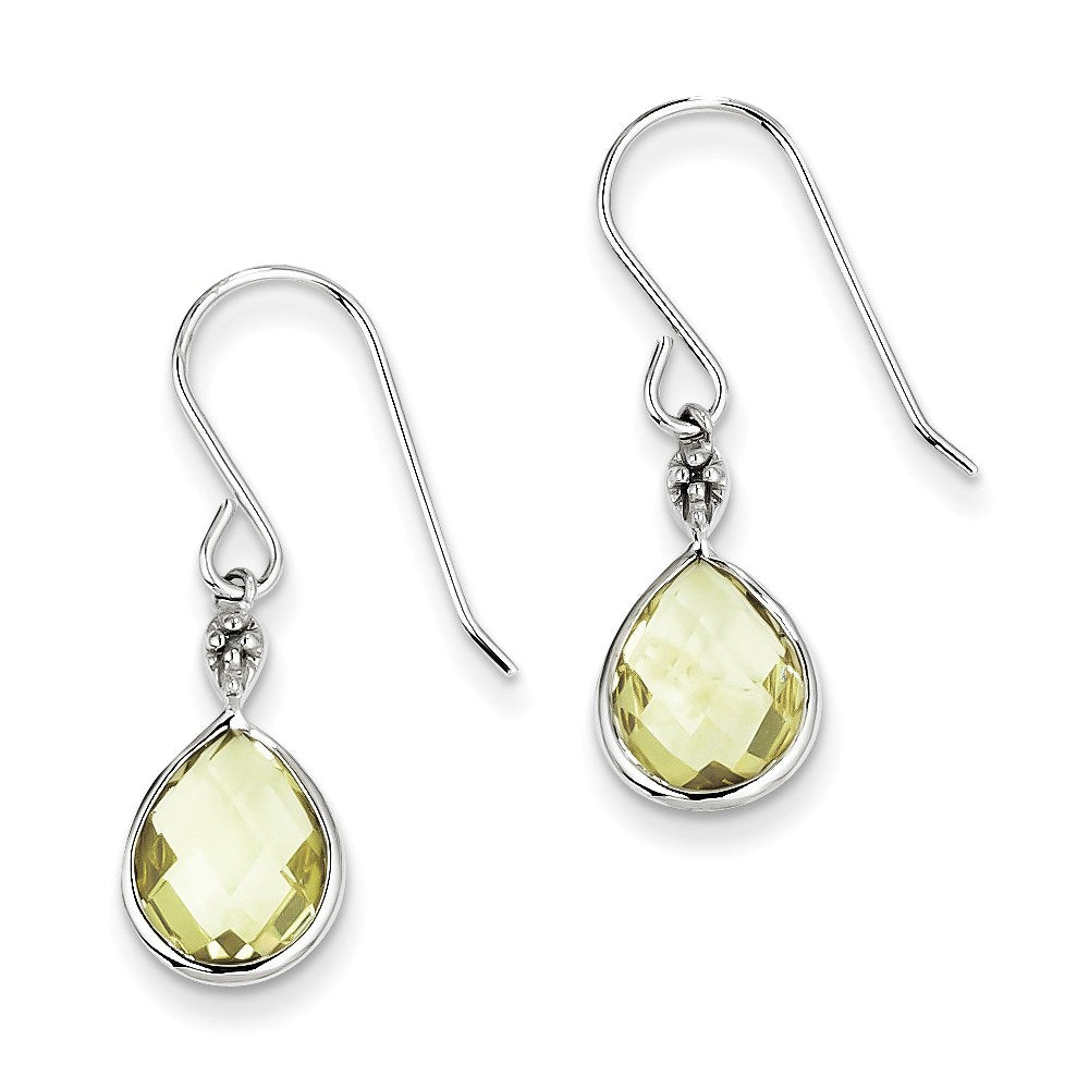 Sterling Silver Rhodium Plated Dia. Lemon Quartz Teardrop Earrings