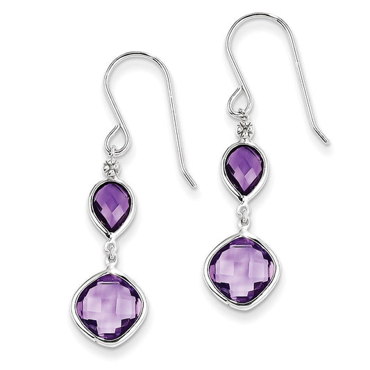 Sterling Silver Rhodium Plated Diamond Amethyst Earrings