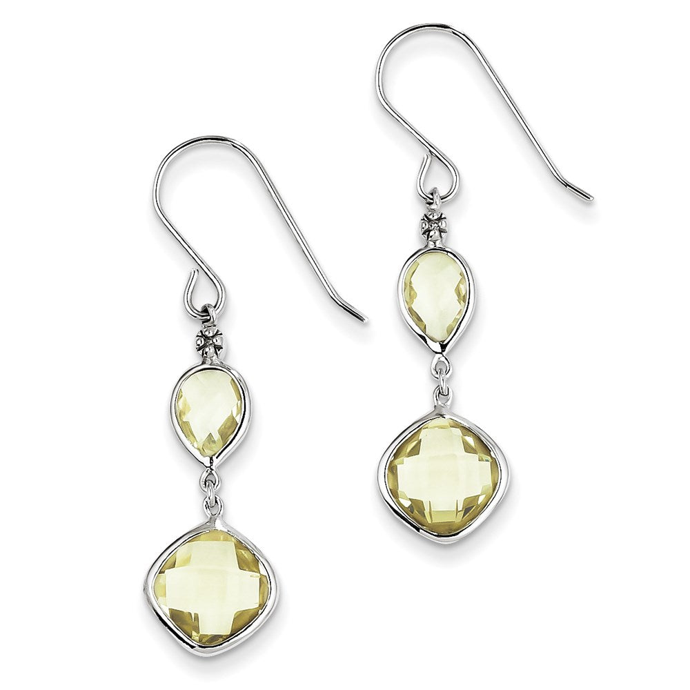 Sterling Silver Rhodium Plated Dia. Lemon Quartz Dangle Earrings