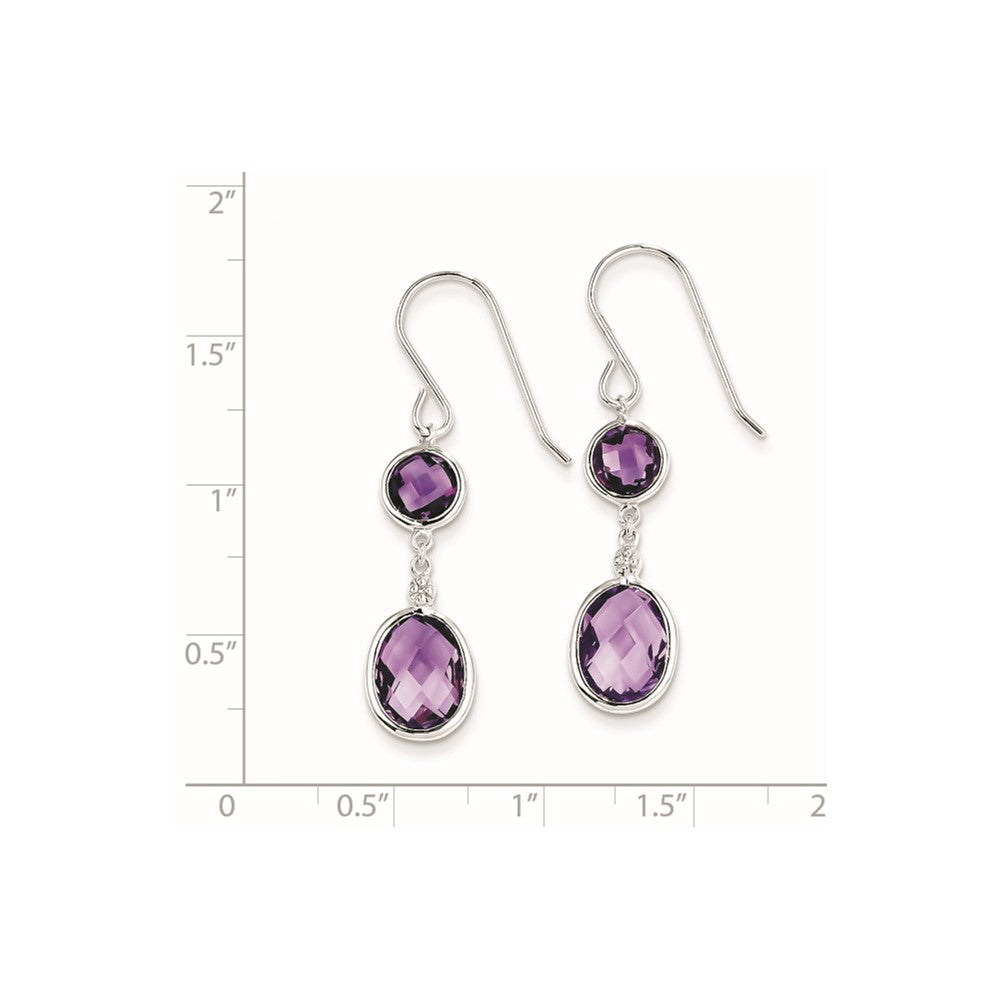 Sterling Silver Rhodium Plated Diamond Amethyst Dangle Earrings