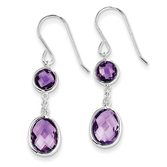 Sterling Silver Rhodium Plated Diamond Amethyst Dangle Earrings