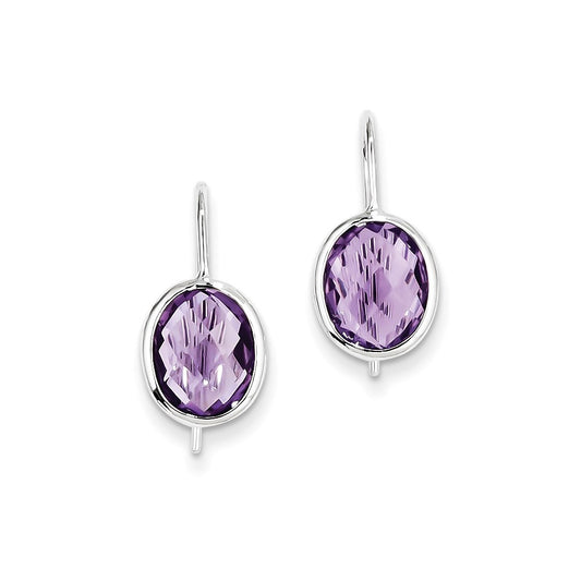 Sterling Silver Rhodium Plated Amethyst Oval Dangle Earrings