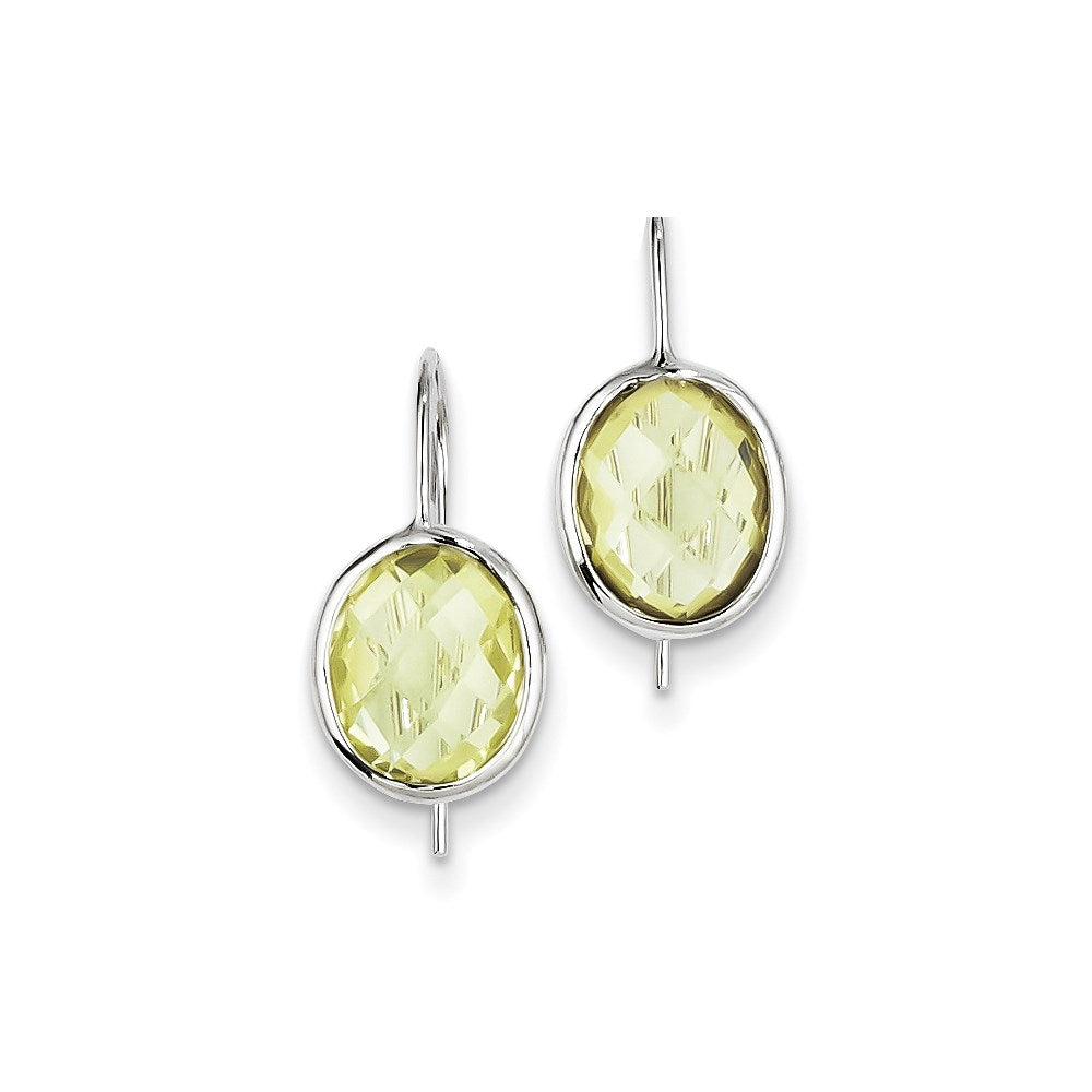 Sterling Silver Rhodium Plated Lemon Quartz Oval Dangle Earrings