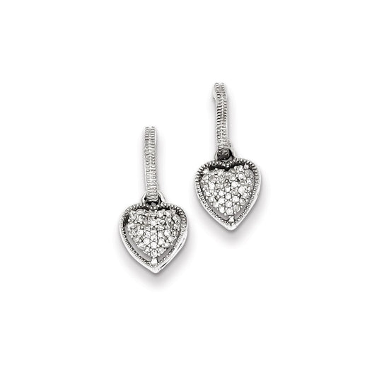 Sterling Silver Rhodium Plated Heart Diamond Post Dangle Earrings