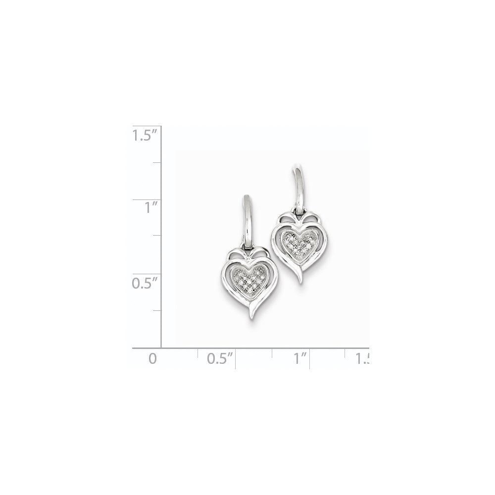 Sterling Silver Rhodium Plated Diamond Heart Post Dangle Earrings