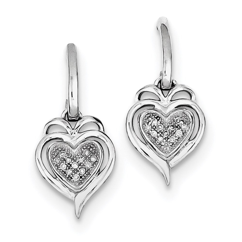 Sterling Silver Rhodium Plated Diamond Heart Post Dangle Earrings