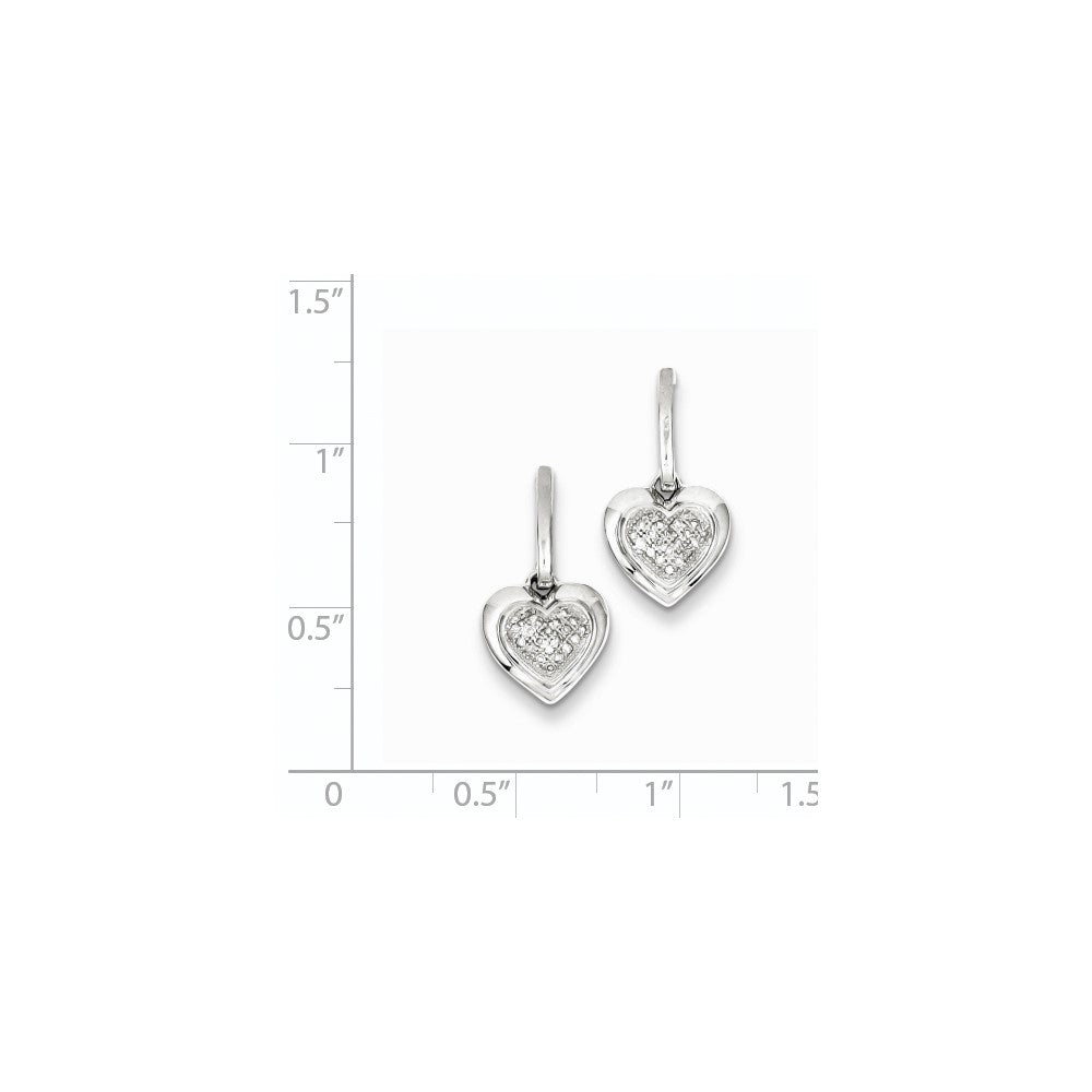 Sterling Silver Rhodium Plated Heart Diamond Post Dangle Earrings