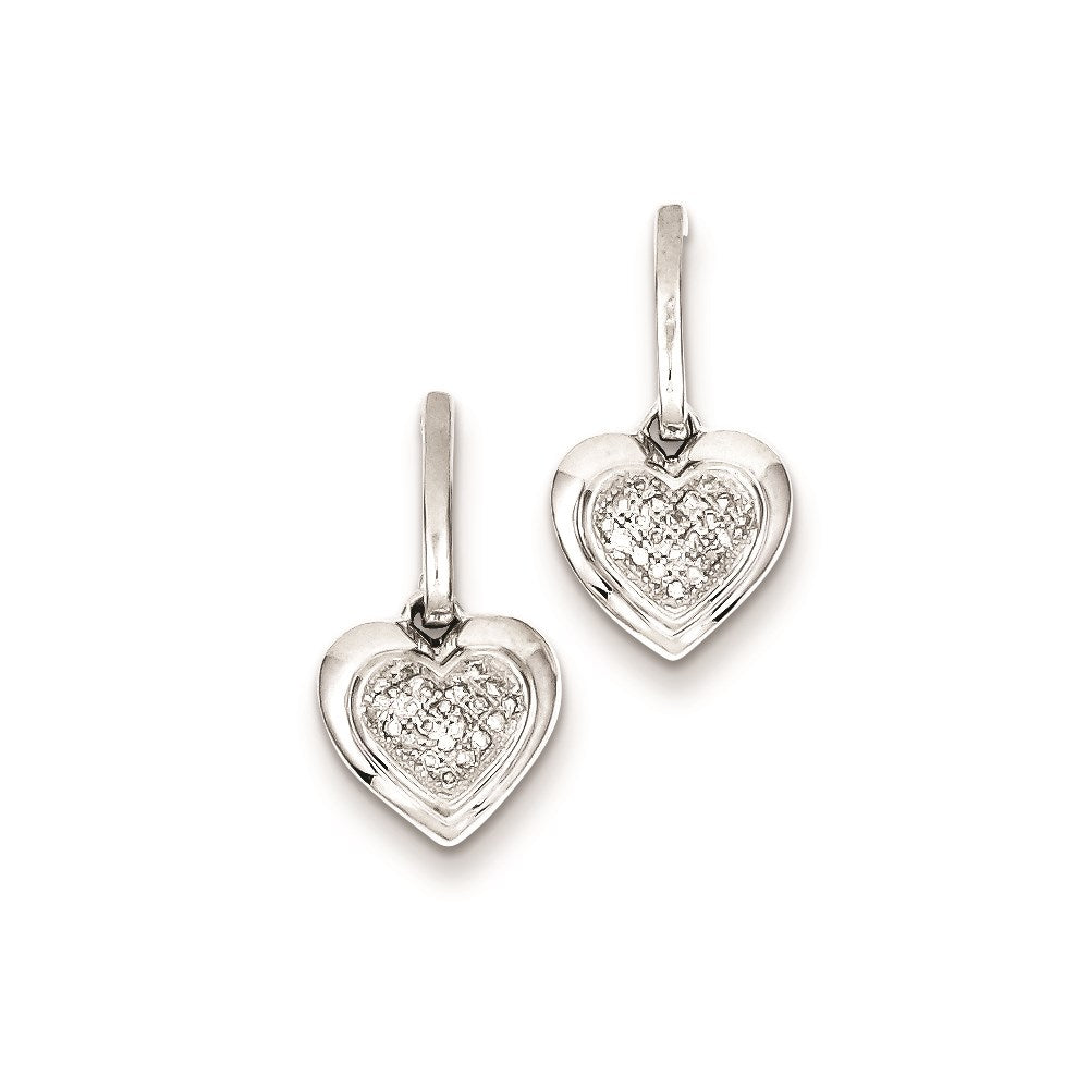 Sterling Silver Rhodium Plated Heart Diamond Post Dangle Earrings