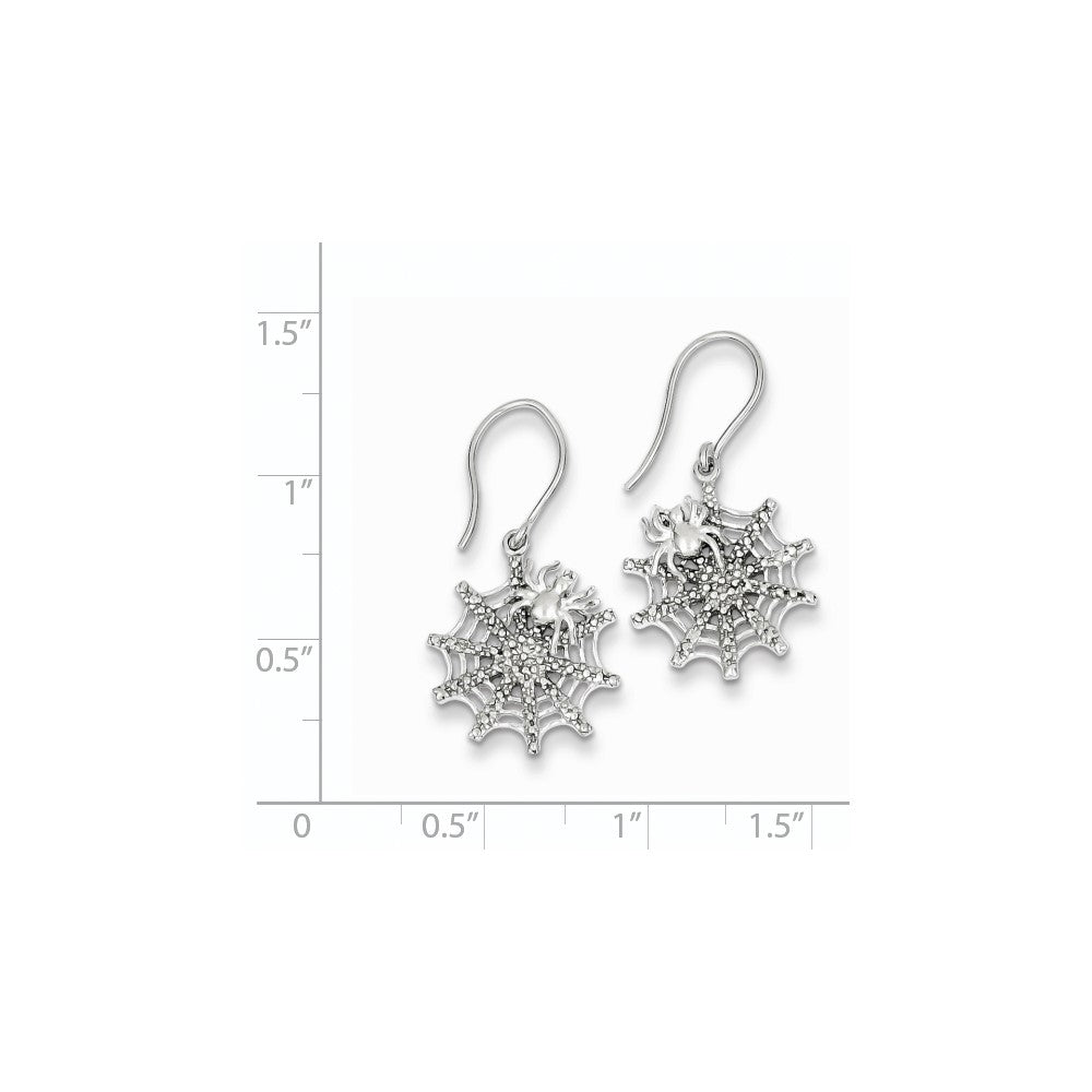 Sterling Silver Rhodium Plated Diamond Spider/Web Dangle Earrings