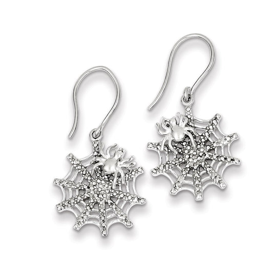 Sterling Silver Rhodium Plated Diamond Spider/Web Dangle Earrings