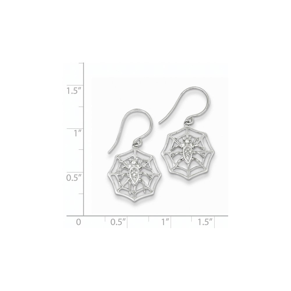 Sterling Silver Rhodium Plated Dia. Spider and Web Dangle Earrings