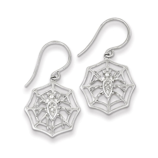 Sterling Silver Rhodium Plated Dia. Spider and Web Dangle Earrings