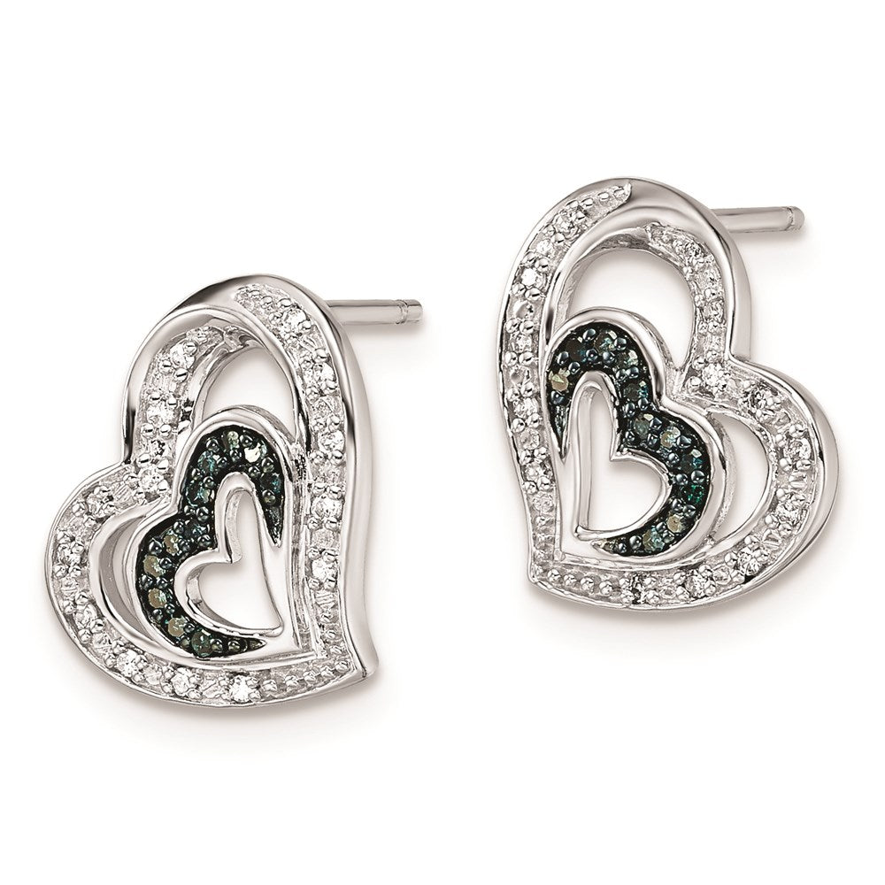 White Night Sterling Silver Rhodium-plated Blue and White Diamond Heart Post Earrings