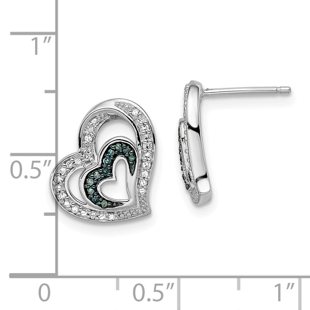 White Night Sterling Silver Rhodium-plated Blue and White Diamond Heart Post Earrings