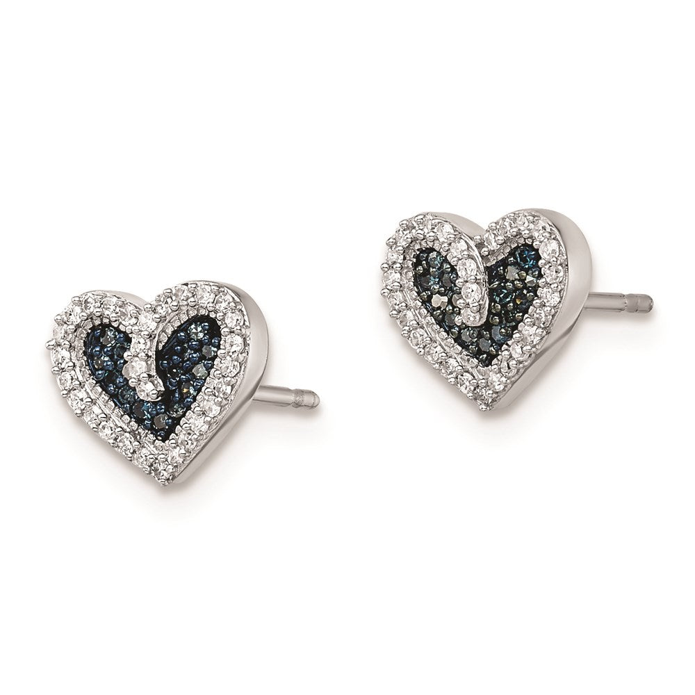 White Night Sterling Silver Rhodium-plated Blue and White Diamond Heart Post Earrings