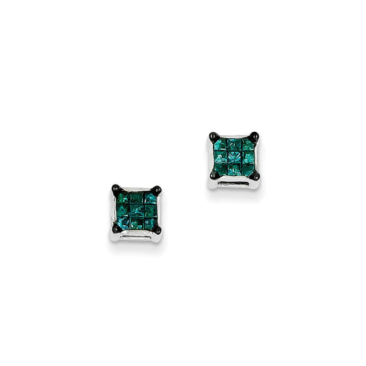 Sterling Silver Blue Princess Cut Diamond Post Earrings