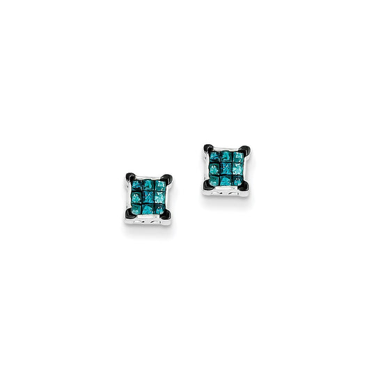 Sterling Silver Blue Princess Cut Diamond Post Earrings