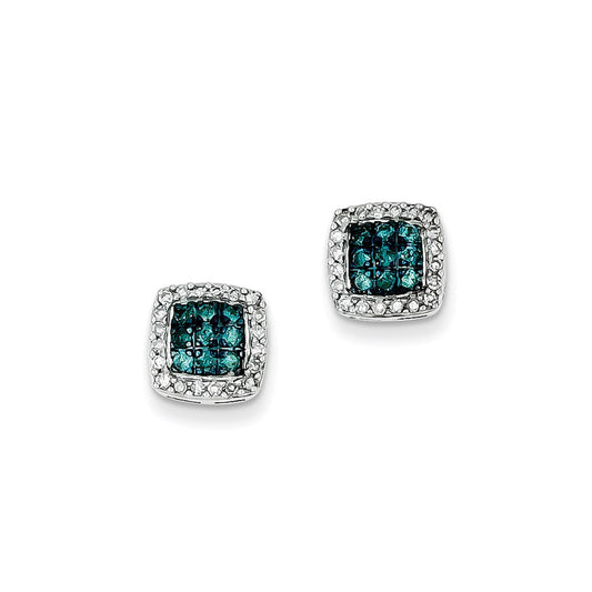 Sterling Silver White & Blue Diamond Stud Earrings