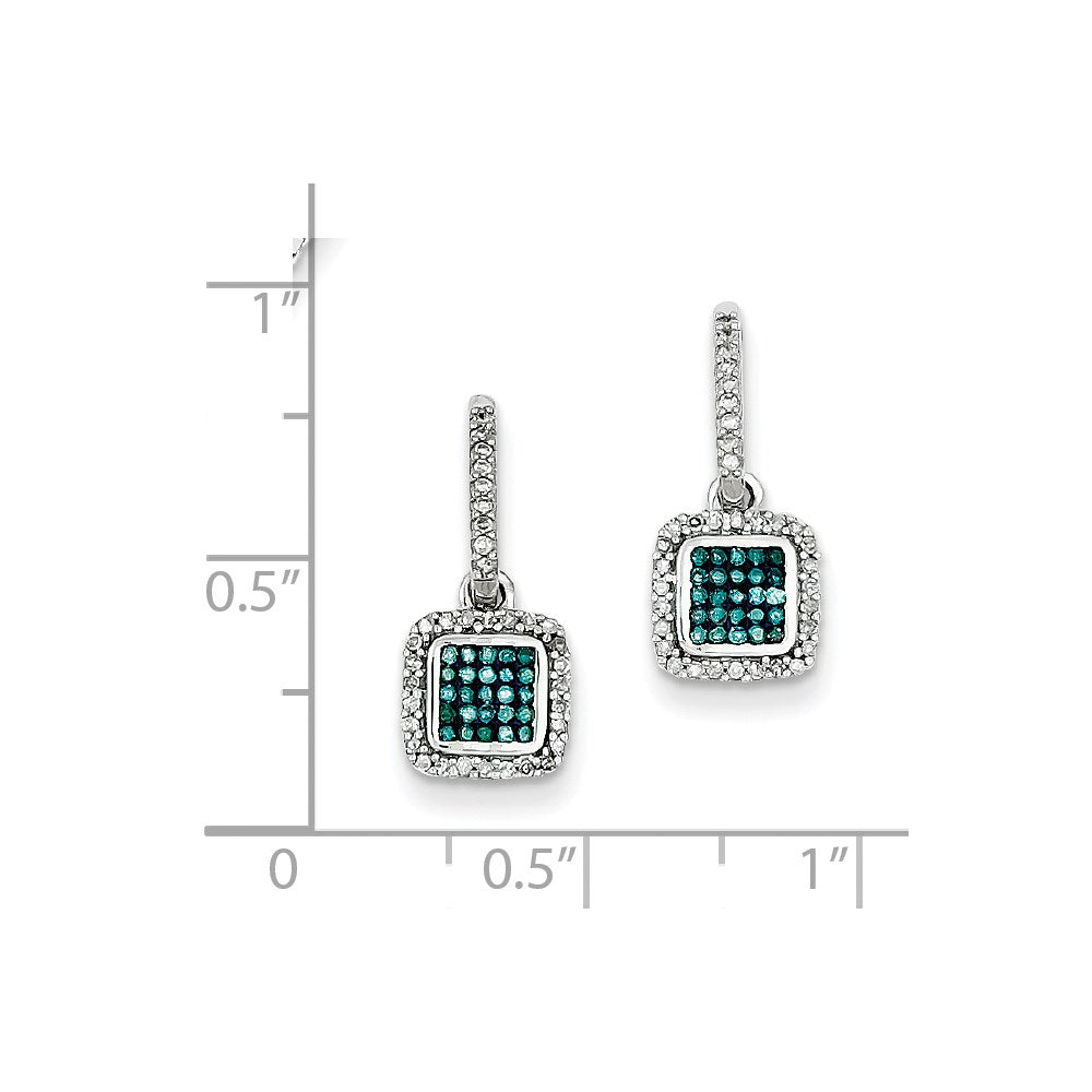 Sterling Silver with White/Blue Diamonds Square Post Dangle Earrings