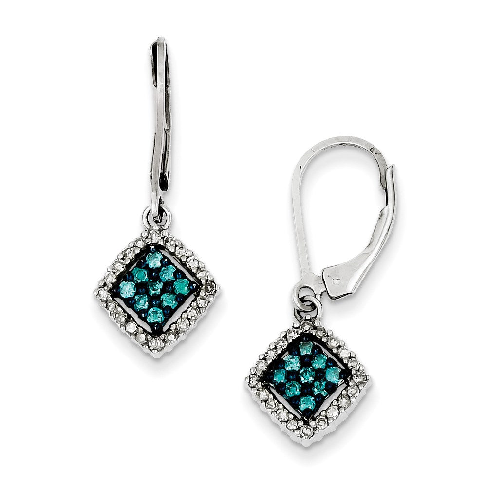 Sterling Silver White & Blue Diamond Leverback Earrings