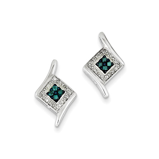 Sterling Silver White & Blue Cluster Diamond Post Earrings