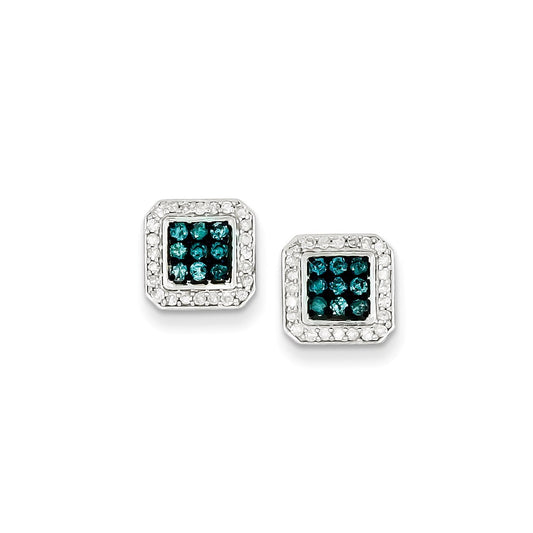 Sterling Silver with White/Blue Diamonds Square Post Earrings