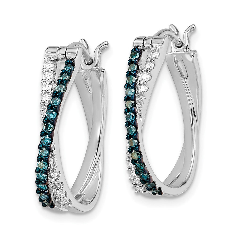 White Night Sterling Silver Rhodium-plated White and Blue Diamond Hinged Hoop Earrings