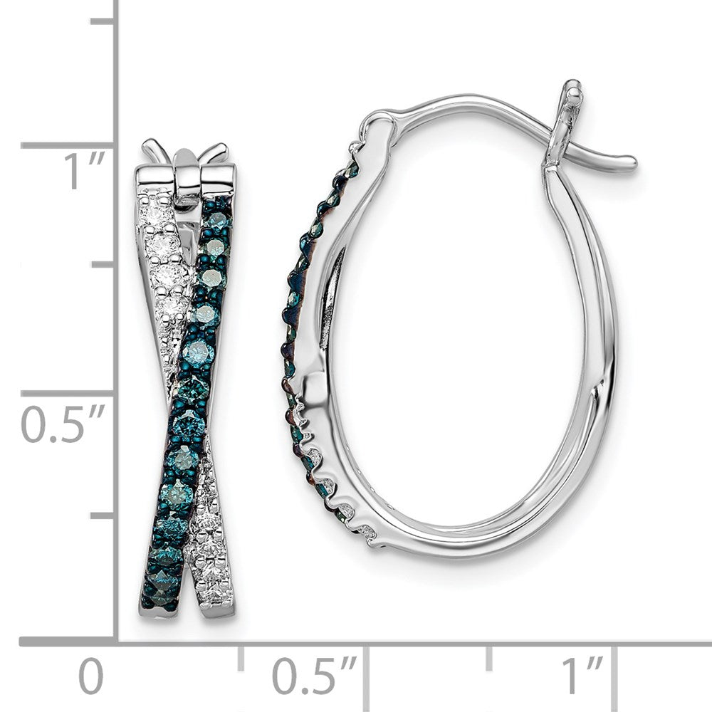 White Night Sterling Silver Rhodium-plated White and Blue Diamond Hinged Hoop Earrings